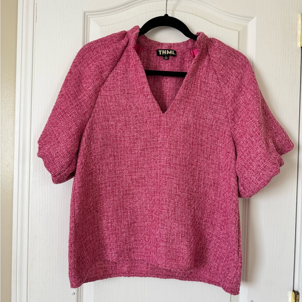 THML Pink Tweed Puff Sleeve Top Size Small